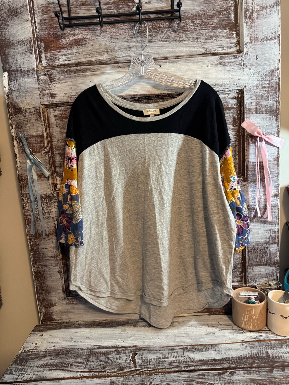 Umgee Gray Top with Black Yoke and Mustard Floral Sleeves